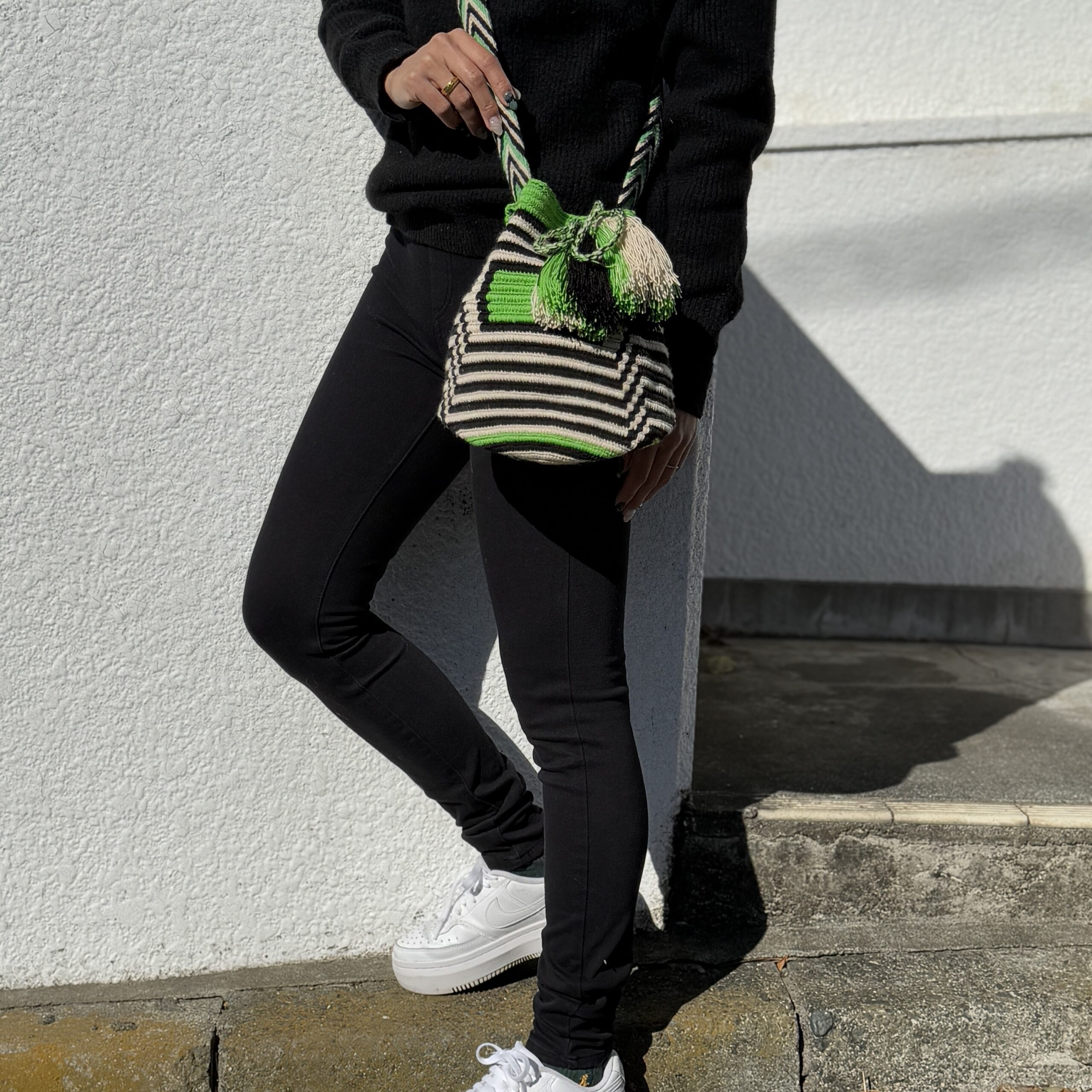Wayuuバッグ　グリーン Wayuu Bag（ワユーバッグ ）Sサイズ クリーム×黒×黄緑 | メキシコ直