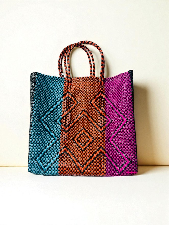 【冒険】メルカドバッグ/BLACK×PINK/メキシコ発 メルカドバッグS 黒無地×ピンクハンドル（変形ロンボ